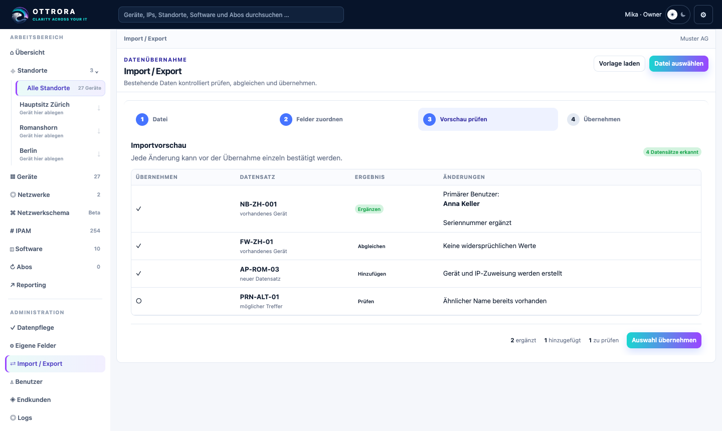 OTTRORA Import und Export mit Vorlagen, Vorschau und Datenübernahme